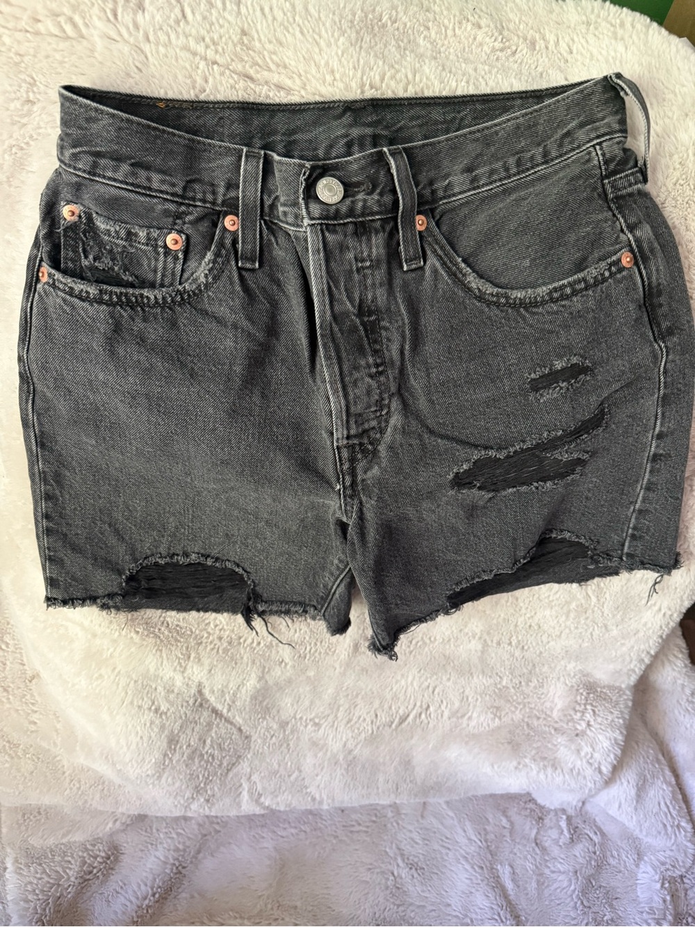 Levi’s 501 mid thigh Distressed Black Denim Shorts